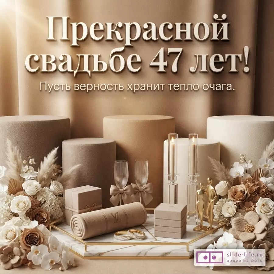 Бежевый фон, на переднем плане подставки, цветы, свечи, бокалы, подарки, обручальные кольца. Текст: «Прекрасной свадьбе 47 лет! Пусть верность хранит тепло очага.»
