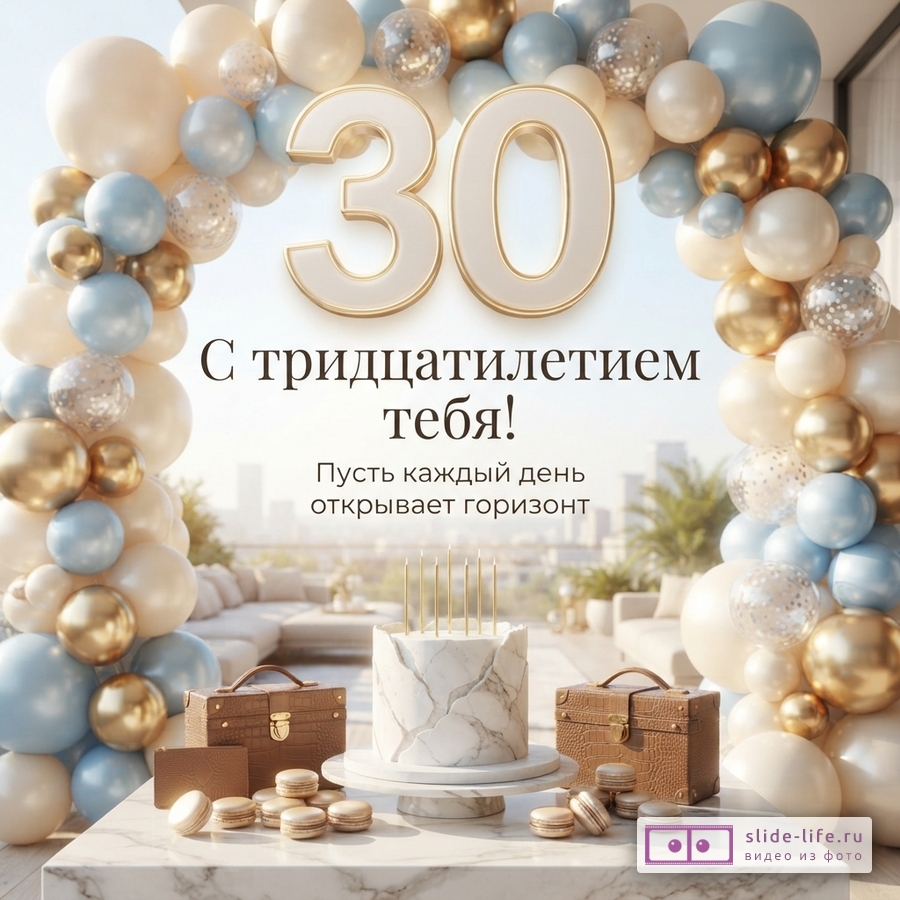 Объемная цифра 30 в арке из золотых, бежевых и голубых шаров, праздничный торт на мраморном столе и надпись «С тридцатилетием тебя! Пусть каждый день открывает горизонт».