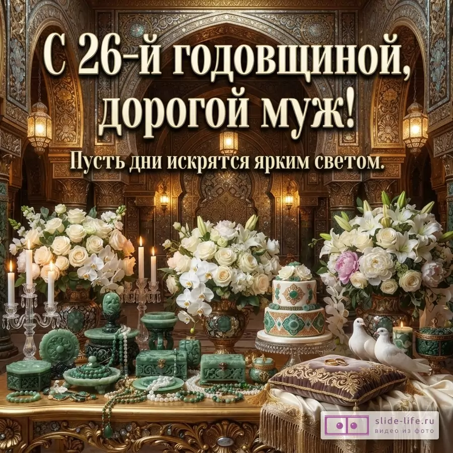 Темный орнаментальный фон, бело-золотой текст, цветочные композиции, зеленые ювелирные шкатулки, торт, свечи, декоративные голуби.