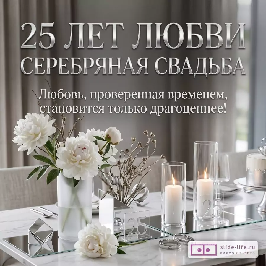 Серо-белый праздничный стол с белыми цветами, свечами и цифрой 25; текст «25 ЛЕТ ЛЮБВИ», «СЕРЕБРЯНАЯ СВАДЬБА», «Любовь, проверенная временем, становится только драгоценнее!»