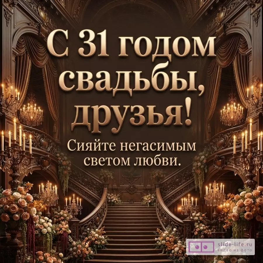 Темный роскошный интерьер с лестницей, свечами, люстрами и цветами. Текст «С 31 годом свадьбы, друзья! Сияйте негасимым светом любви.»
