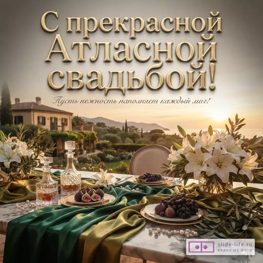 Накрытый стол с драпировкой из зеленого атласа, белыми лилиями, графинами и фруктами на фоне виллы и заката с текстом «С прекрасной Атласной свадьбой! Пусть нежность наполняет каждый миг!»