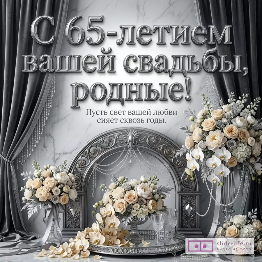 Серебристо-серый фон с мраморной стеной, темными шторами, цветочными композициями из белых и кремовых роз, аркой, подносом и бокалами, текст «С 65-летием вашей свадьбы, родные! Пусть свет вашей любви сияет сквозь годы.»