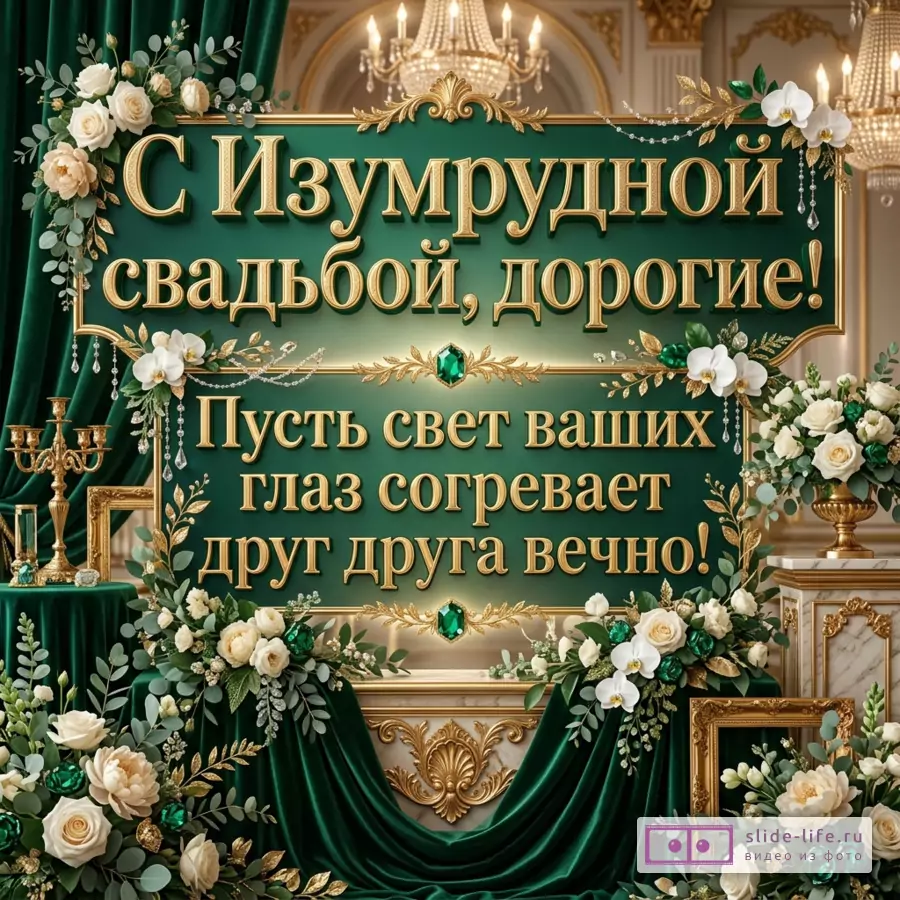 Открытка в изумрудных, золотых, белых и кремовых тонах, зеленые драпировки, свечи, люстры, белые розы, пионы, орхидеи, эвкалипт, золотые рамы, текст «С Изумрудной свадьбой, дорогие! Пусть свет ваших сердец греет века.»