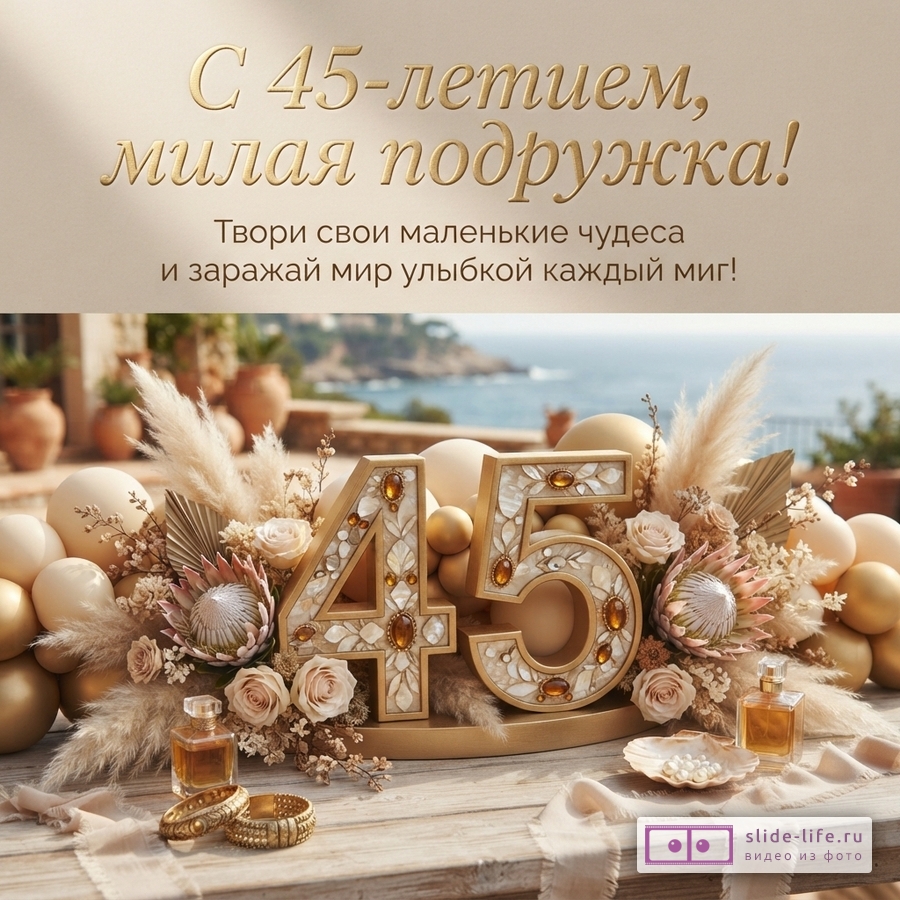 Бежевый фон, золотые буквы. Надпись «С 45-летием, милая подружка! Твори свои маленькие чудеса и заражай мир улыбкой каждый миг!».