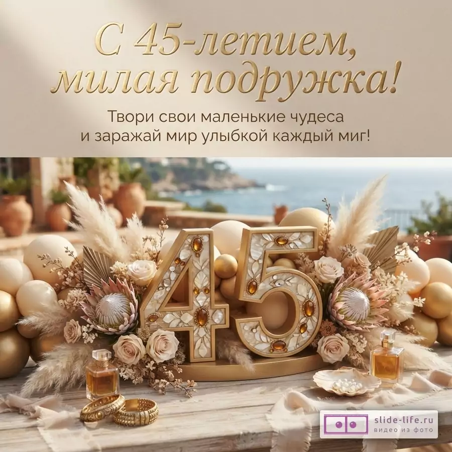 Бежевый фон, золотые буквы. Надпись «С 45-летием, милая подружка! Твори свои маленькие чудеса и заражай мир улыбкой каждый миг!».