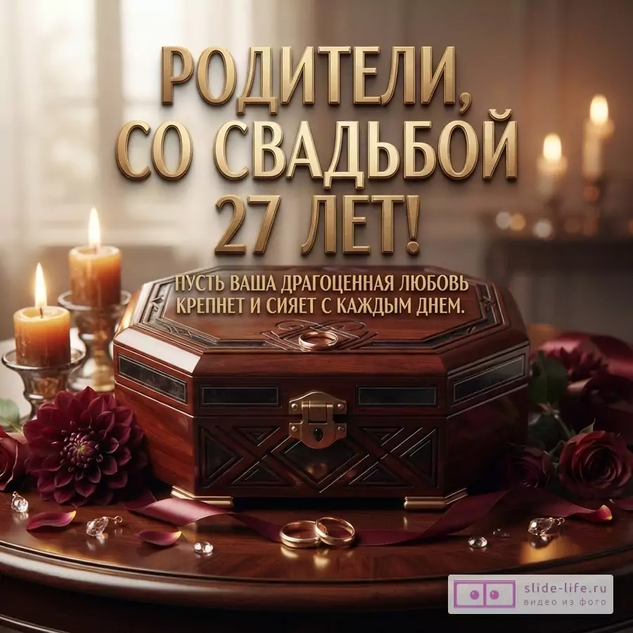 Открытка с золотыми буквами на бежевом фоне, изображающая деревянную шкатулку, свечи, цветы и обручальные кольца. Текст: «РОДИТЕЛИ, СО СВАДЬБОЙ 27 ЛЕТ! ПУСТЬ ВАША ДРАГОЦЕННАЯ ЛЮБОВЬ КРЕПНЕТ И СИЯЕТ С КАЖДЫМ ДНЕМ.»