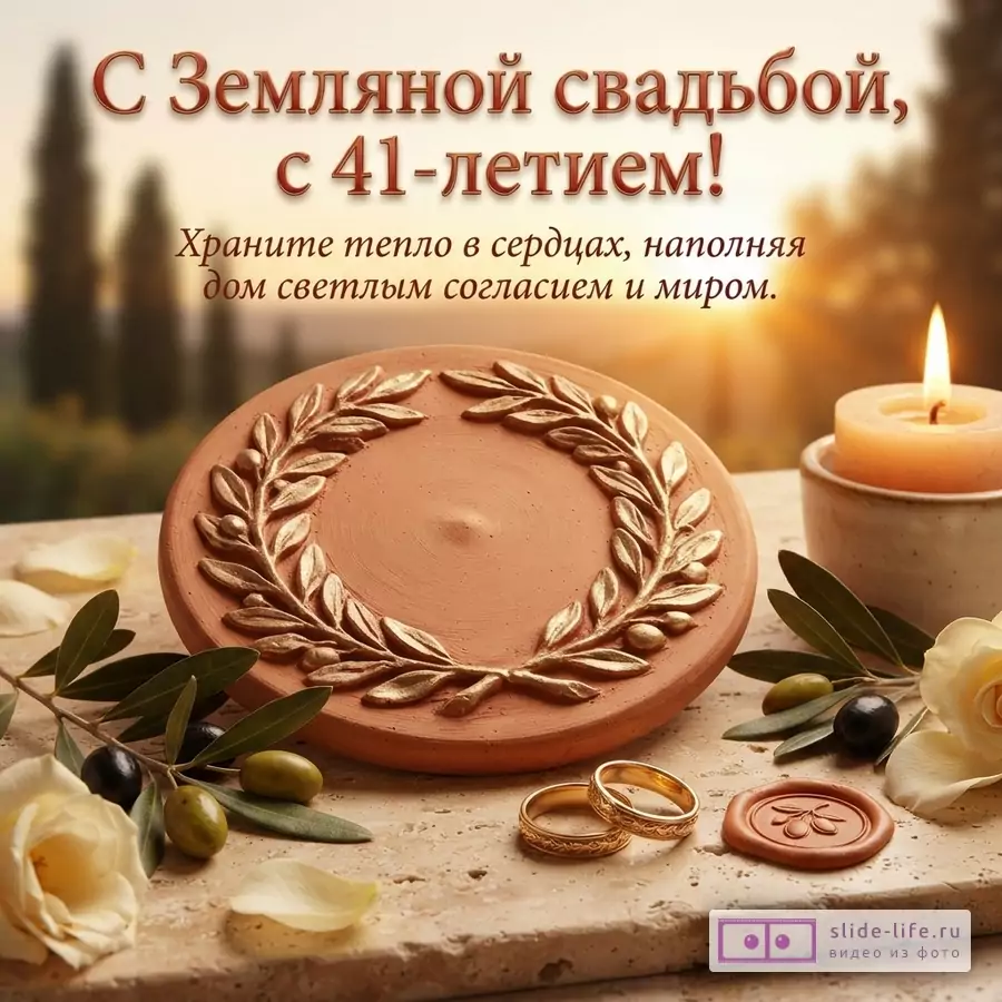 Открытка с Земляной свадьбой. На бежевом фоне терракотовая тарелка с золотым лавровым венком, две золотые обручальные кольца, оливковые ветви, белые розы, свеча. Текст: «С Земляной свадьбой, с 41-летием! Храните тепло в сердцах, наполняя дом светлым согласием и миром.»