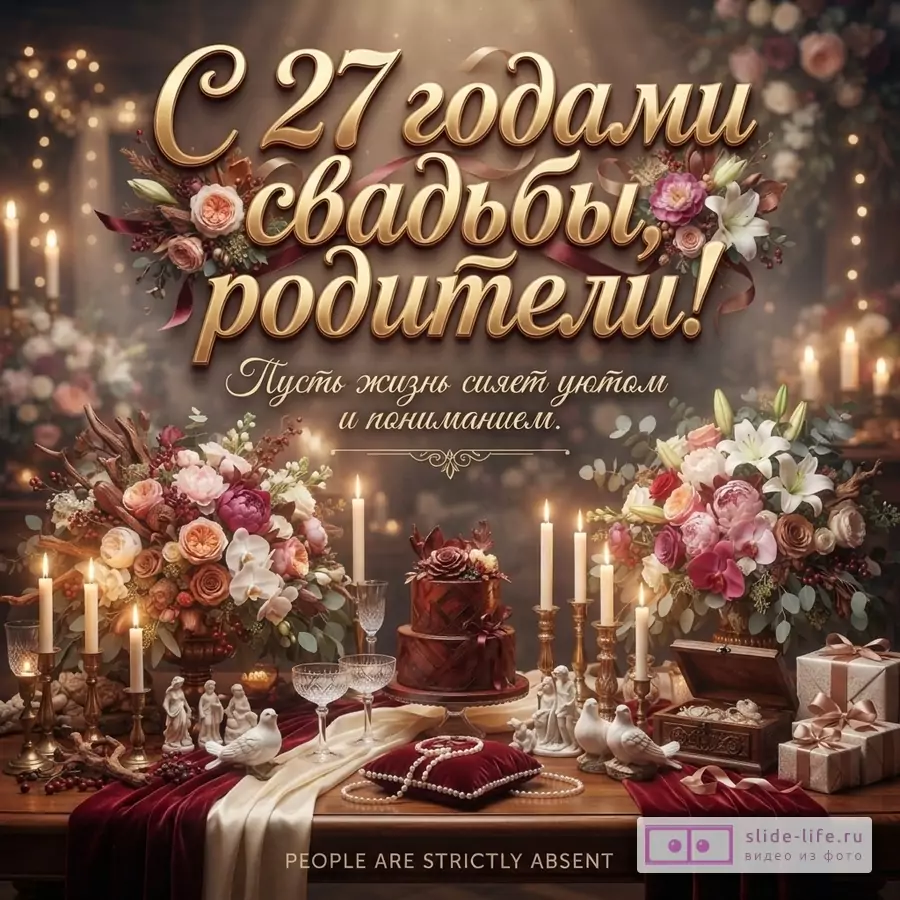 Фон коричневый, золотые буквы, цветочные композиции, свечи, торт, подарки, подушечка с жемчугом. Текст: «С 27 годами свадьбы, родители! Пусть жизнь сияет уютом и пониманием.»