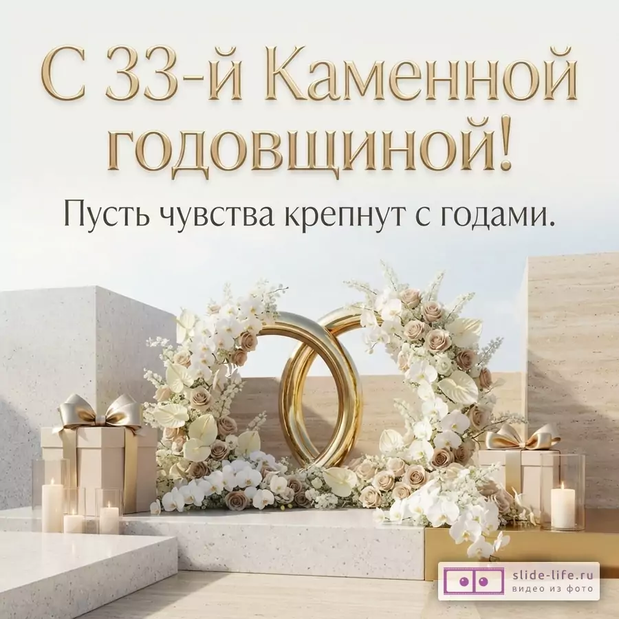 Бежевый фон, золотые буквы, золотые обручальные кольца, белые и бежевые цветы, подарки, свечи. Текст: «С 33-й Каменной годовщиной! Пусть чувства крепнут с годами.»