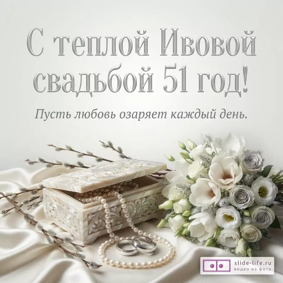 Светлый фон, серебристый текст «С теплой Ивовой свадьбой 51 год! Пусть любовь озаряет каждый день.», шкатулка с жемчугом, кольца, белый букет, ветки ивы