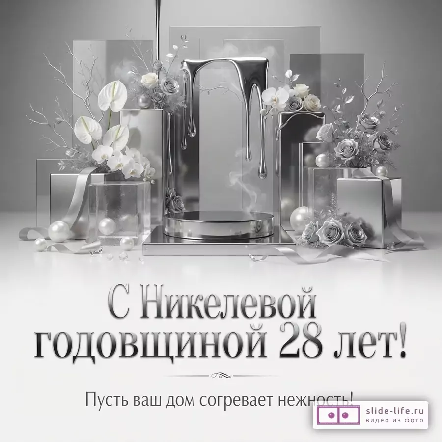 Фон серый, серебристые декорации, цветы, жемчуг, ленты. Текст: «С Никелевой годовщиной 28 лет!», «Пусть ваш дом согревает нежность!»