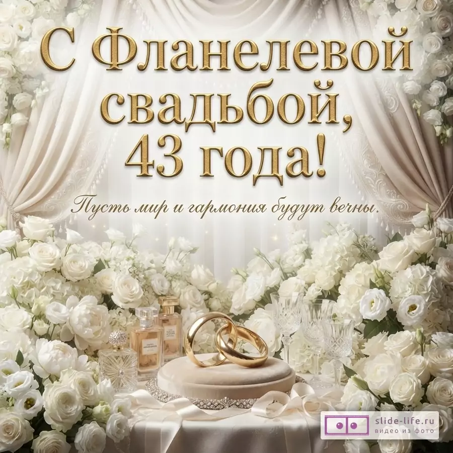 Бежевый фон, белые розы, золотые кольца, текст «С Фланелевой свадьбой, 43 года! Пусть мир и гармония будут вечны.»