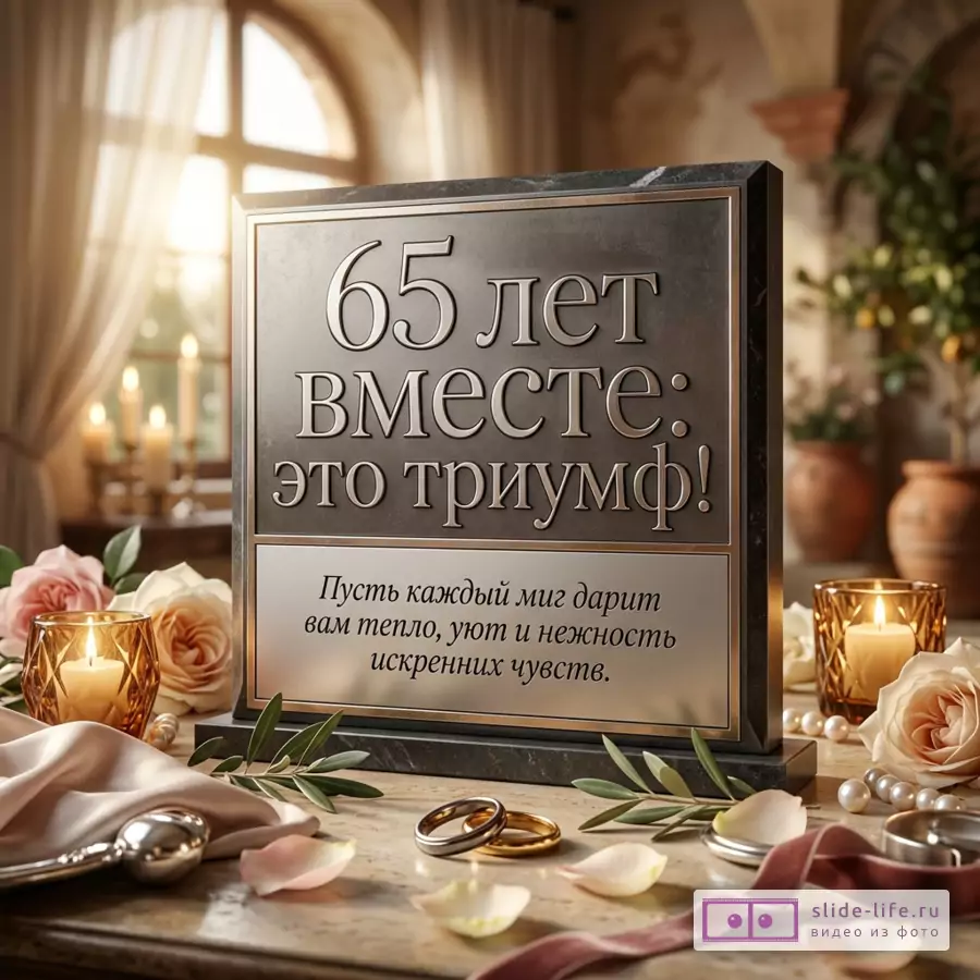 Табличка с текстом «65 лет вместе: это триумф! Пусть каждый миг дарит вам тепло, уют и нежность искренних чувств.», интерьер в бежево-коричневых тонах, свечи, розы, кольца, жемчуг