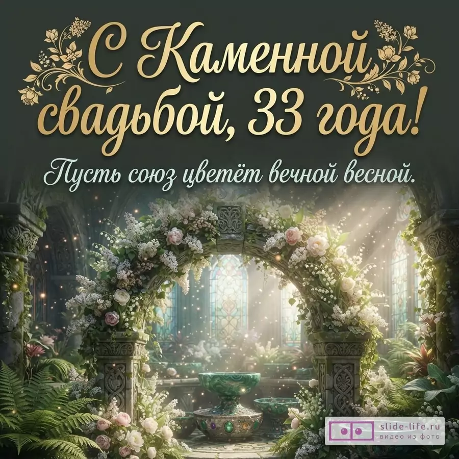 Темно-зеленый фон, золотые буквы, цветочный орнамент. Внизу арка из цветов и зелени, витражные окна, солнечные лучи. Текст: «С Каменной свадьбой, 33 года! Пусть союз цветёт вечной весной.»