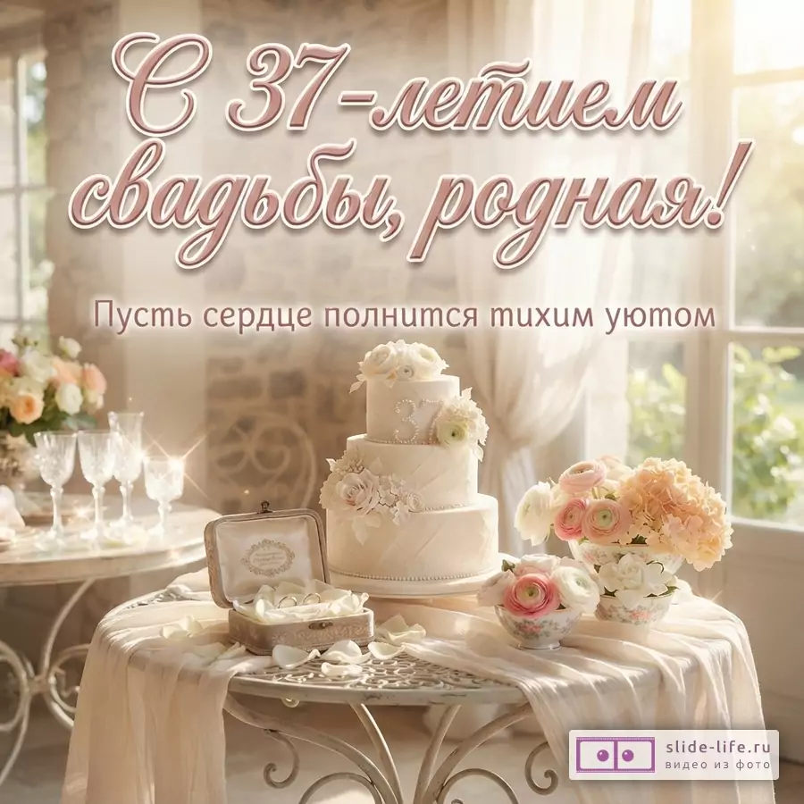 Светлый фон, свадебный торт, цветы, кольца. Текст «С 37-летием свадьбы, родная! Пусть сердце полнится тихим уютом»