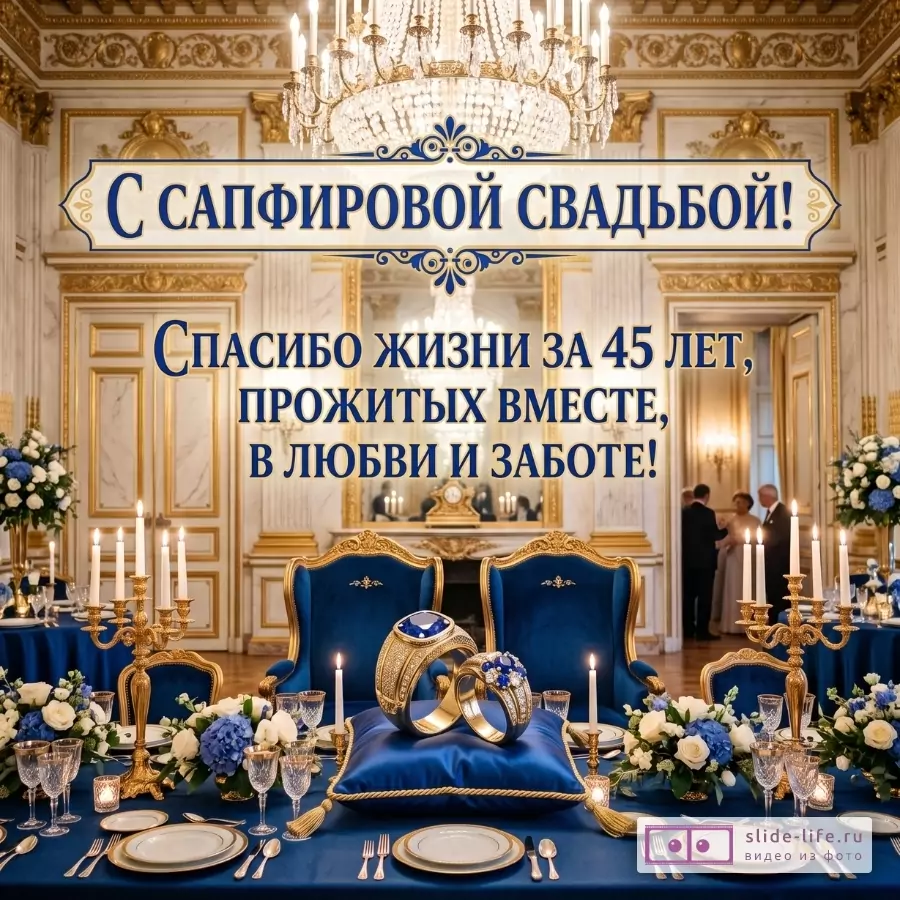 Бежево-золотой зал с синим столом, свечами, цветами и кольцами. Текст: «С САПФИРОВОЙ СВАДЬБОЙ! Спасибо жизни за 45 лет, прожитых вместе, в любви и заботе!»