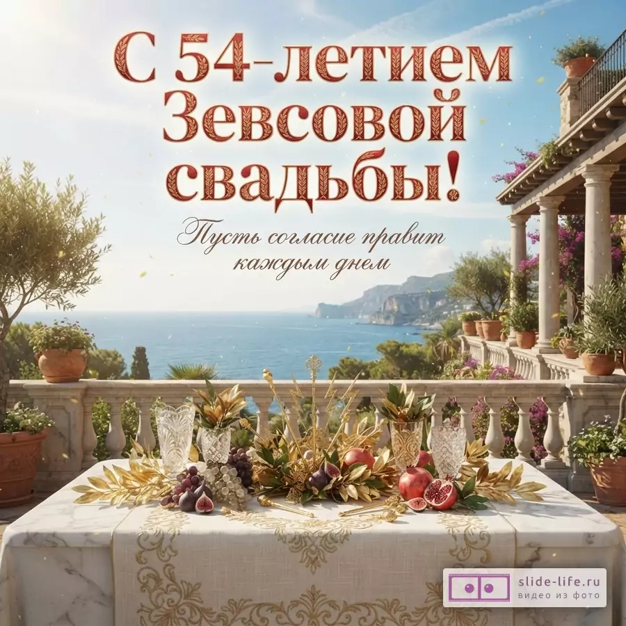 Открытка с видом на море, на переднем плане стол с фруктами и золотым декором, фон голубое небо. Текст: «С 54-летием Зевсовой свадьбы! Пусть согласие правит каждым днем.»