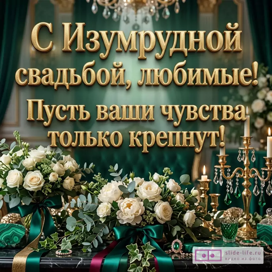 Открытка с текстом «С Изумрудной свадьбой, любимые! Пусть свет ваших чувств лишь крепнет.»; темно-зеленый фон, золотые буквы, белые розы, пионы, эвкалипт, зеленые ленты, золотые канделябры, хрустальная люстра