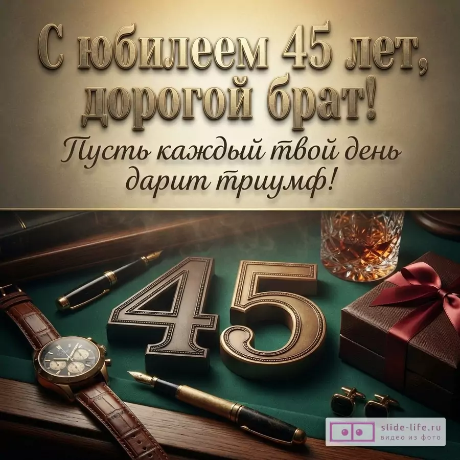 Золотистый фон, текст золотого цвета «С юбилеем 45 лет, дорогой брат! Пусть каждый твой день дарит триумф!». На зеленом сукне лежат часы, ручки, цифры 45, стакан с виски, подарочная коробка, запонки.