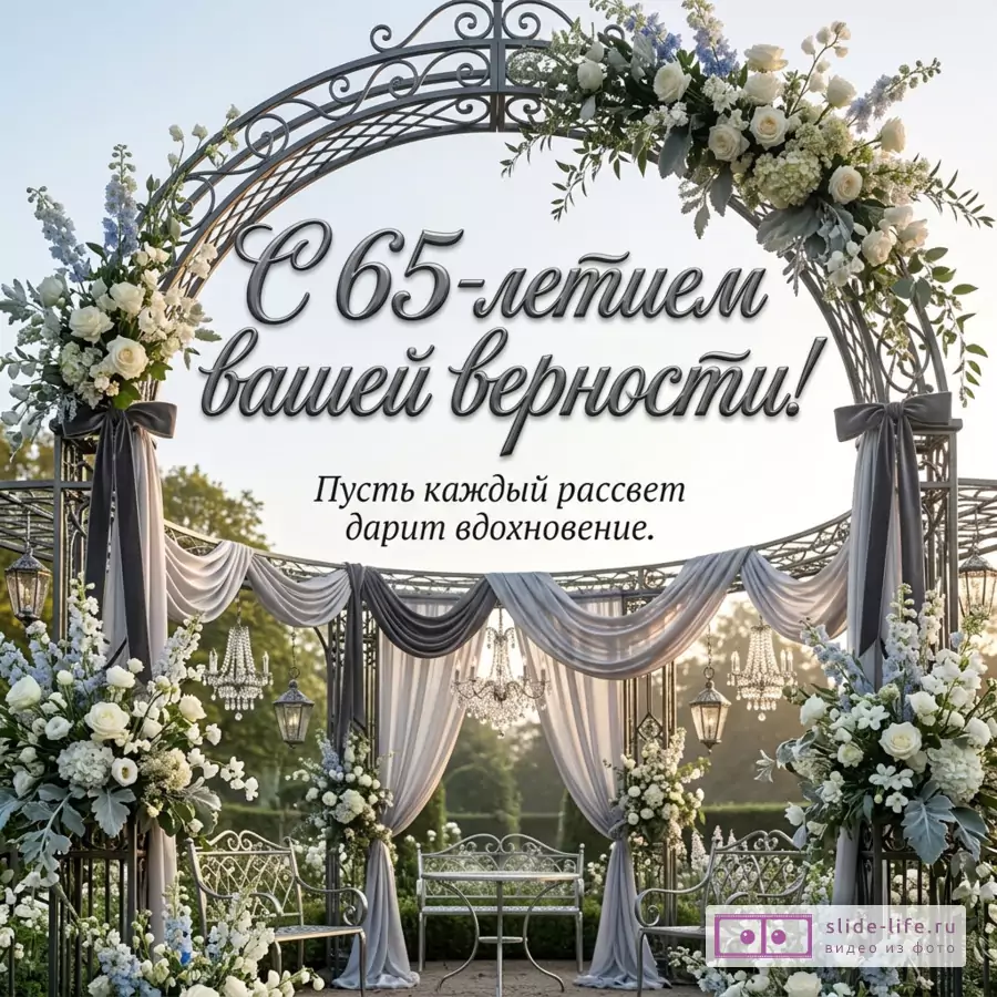 Кованая свадебная арка с белыми и голубыми цветами, серыми драпировками, столиком и стульями в саду, светлый фон, текст «С 65-летием вашей верности! Пусть каждый рассвет дарит вдохновение.»