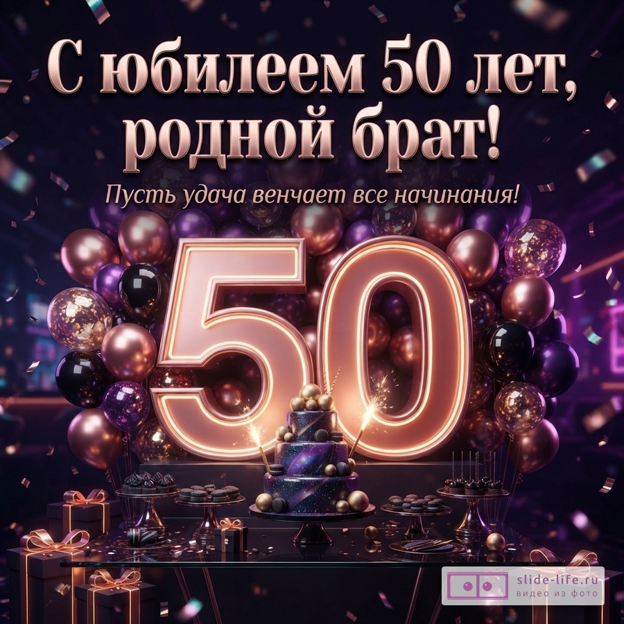 Открытка с черным фоном, золотыми и фиолетовыми шарами, цифрами 50 с подсветкой, тортом и подарками. Текст: «С юбилеем 50 лет, родной брат! Пусть удача венчает все начинания!»