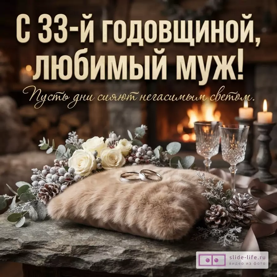 Фон камина с огнем, на переднем плане каменный стол, на нем бежевая меховая подушка с двумя обручальными кольцами, белые розы, еловые шишки, бокалы, свечи. Надпись: «С 33-й годовщиной, любимый муж! Пусть дни сияют негасимым светом.»