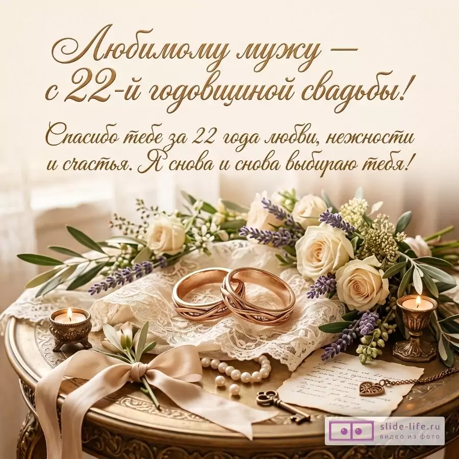 Кремовый фон, свадебная композиция с бронзовыми кольцами, белыми розами, свечами, ключом, жемчугом и лентой. Текст: «Любимому мужу — с 22-й годовщиной свадьбы! Спасибо тебе за 22 года любви, нежности и счастья. Я снова и снова выбираю тебя!»