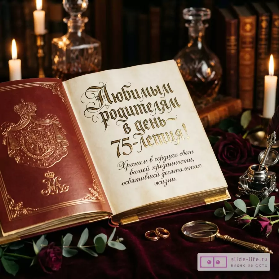 Раскрытая старинная книга, золотые кольца, свечи и розы на бархате. Текст: «Любимым родителям в день 75-летия! Храним в сердцах свет вашей преданности, освятившей десятилетия жизни.»