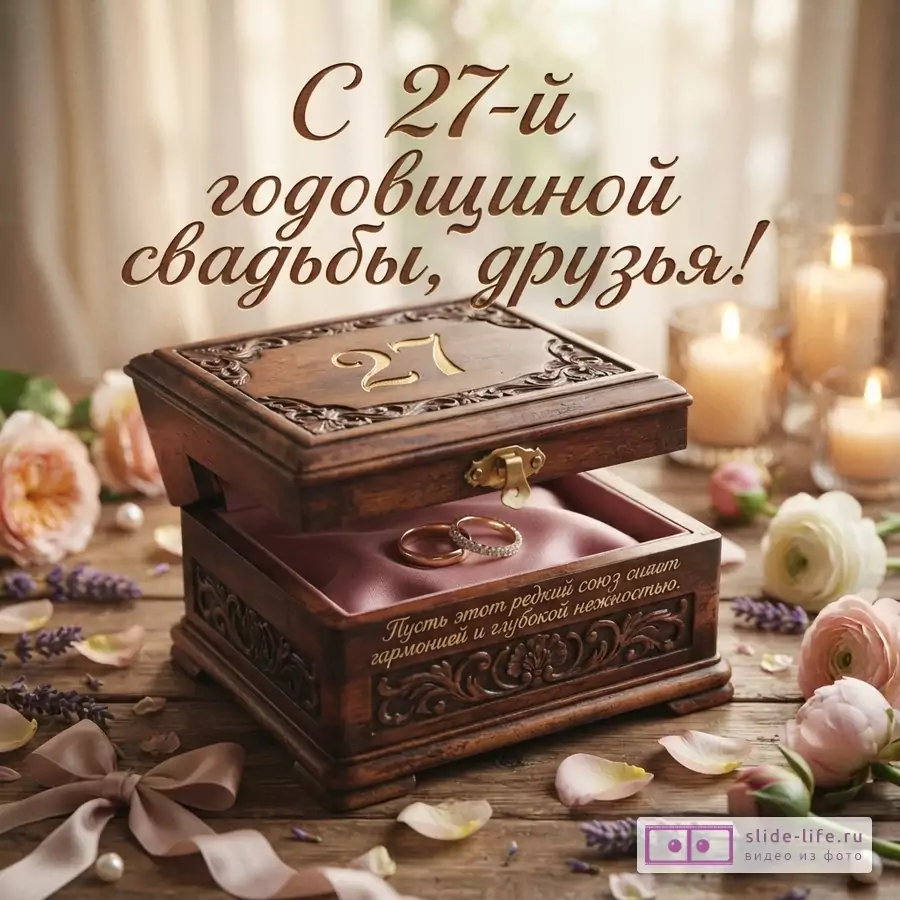 Фон светлый, размытый. На переднем плане деревянная шкатулка с открытой крышкой, внутри два обручальных кольца. Рядом цветы, лепестки, свечи. Текст: «С 27-й годовщиной свадьбы, друзья!», «Пусть этот редкий союз сияет гармонией и глубокой нежностью.»