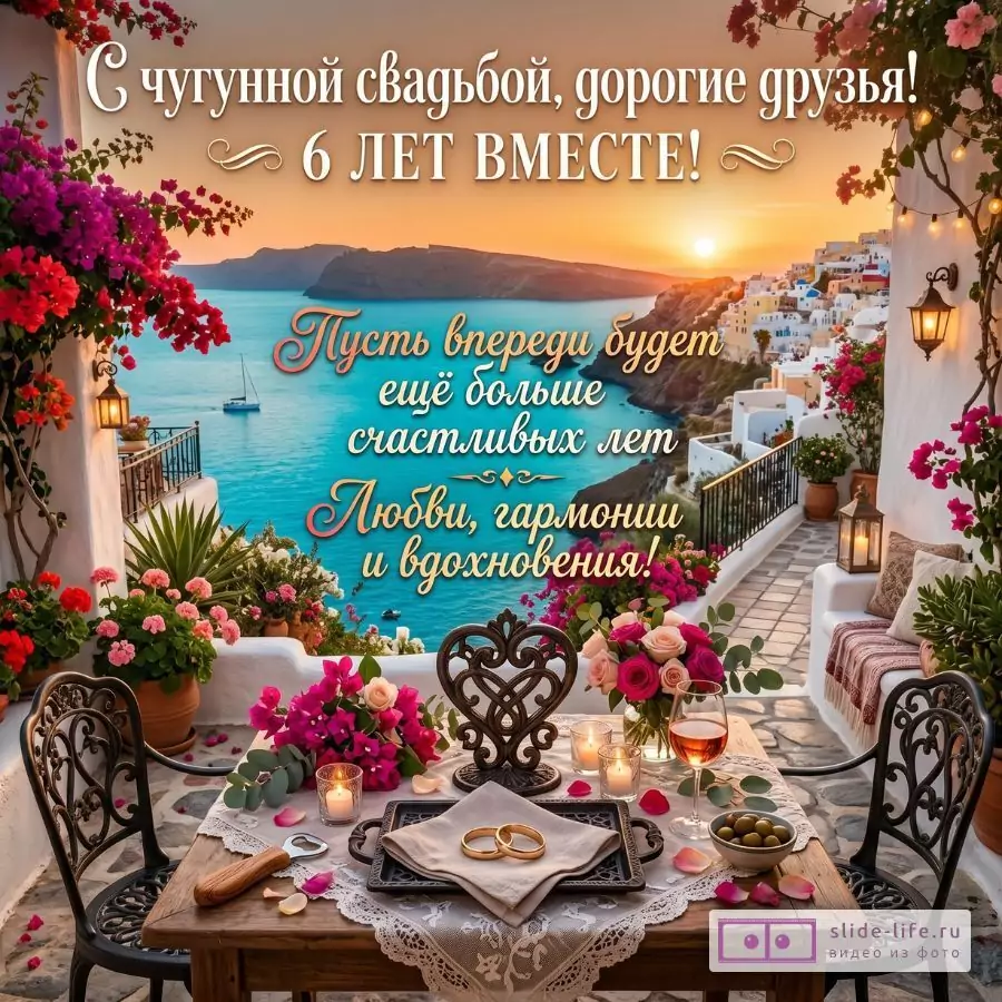 Поздравление друзьям с чугунной свадьбой — романтическая открытка на 6 лет совместной жизни