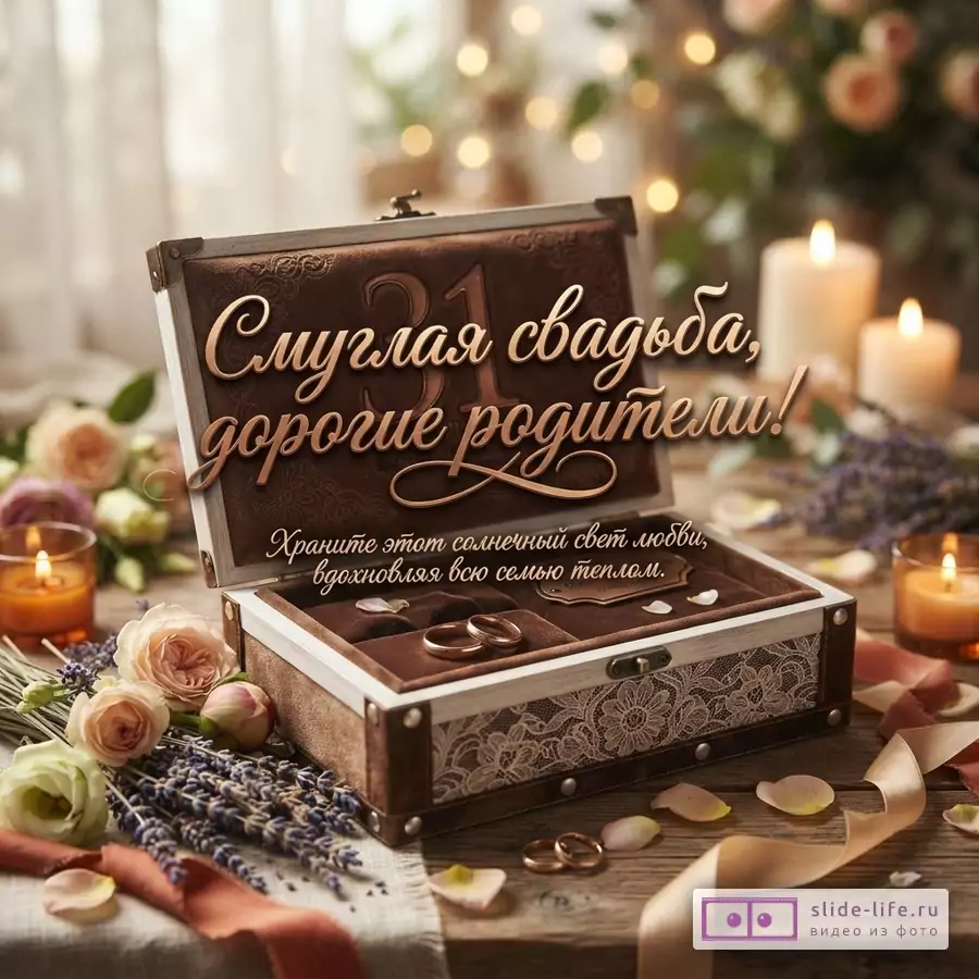Коричневая шкатулка с цифрой 31, цветы, свечи, кольца, ленты и текст «Смуглая свадьба, дорогие родители! Храните этот солнечный свет любви, вдохновляя всю семью теплом.»