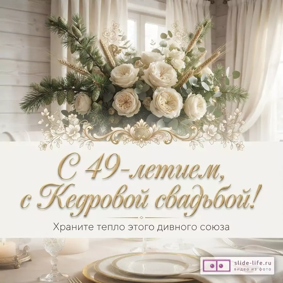 Светлый фон, букет из белых роз, еловых веток и колосьев, золотистый орнамент. Текст «С 49-летием, с Кедровой свадьбой! Храните тепло этого дивного союза»