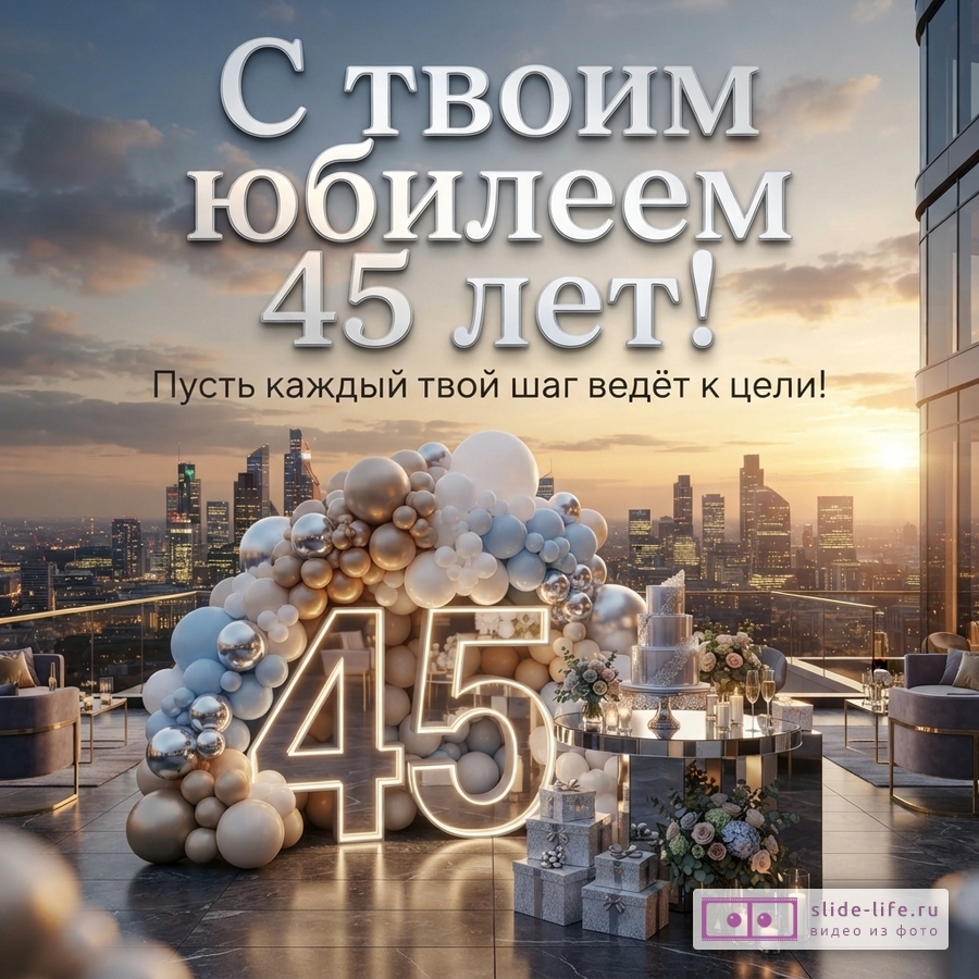Открытка с закатом над городом, на переднем плане терраса с шарами, цифрами «45», тортом и подарками. Текст «С твоим юбилеем 45 лет! Пусть каждый твой шаг ведёт к цели!»