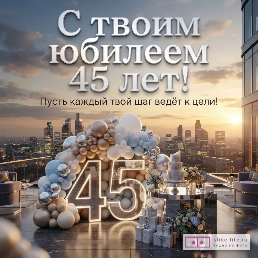Открытка с закатом над городом, на переднем плане терраса с шарами, цифрами «45», тортом и подарками. Текст «С твоим юбилеем 45 лет! Пусть каждый твой шаг ведёт к цели!»