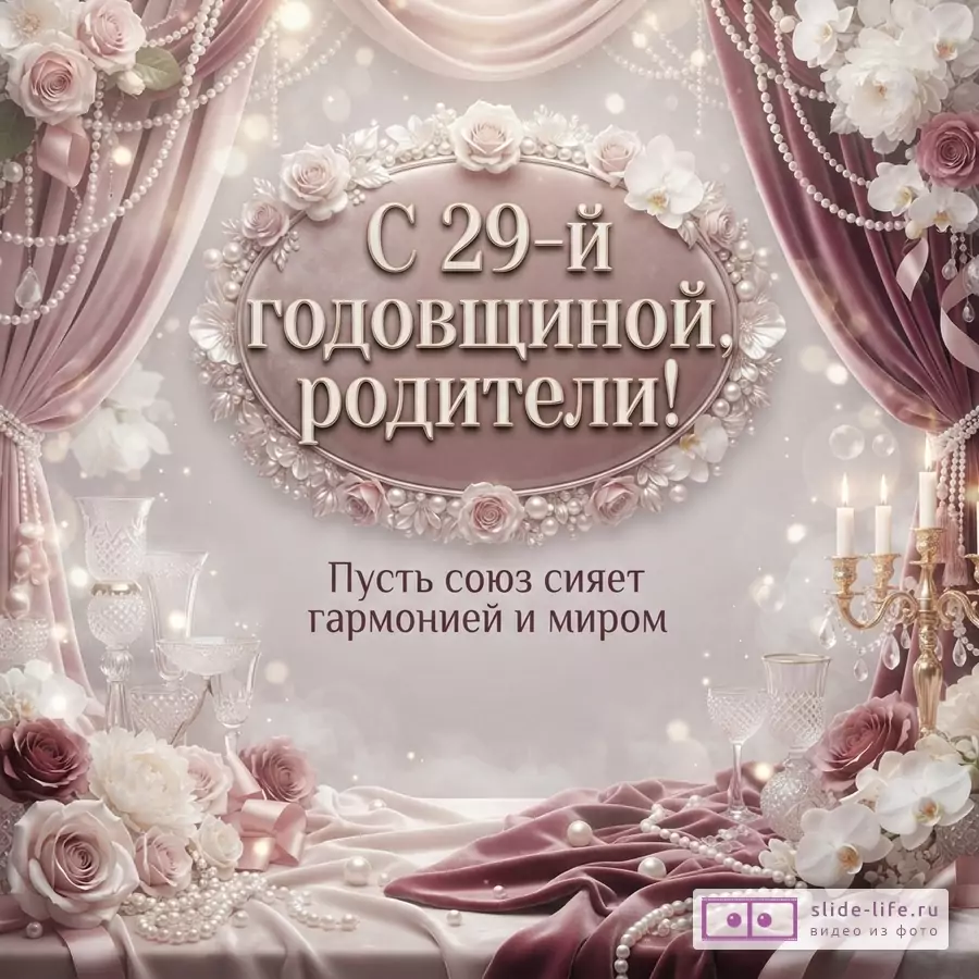Фон светлый, розовые шторы, цветы, жемчуг, свечи. Надпись «С 29-й годовщиной, родители!» и «Пусть союз сияет гармонией и миром».