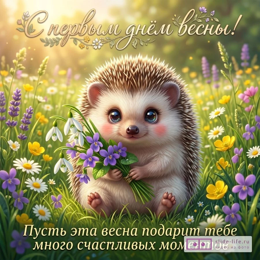 Поздравление с первым днем весны — открытка с милыми животными