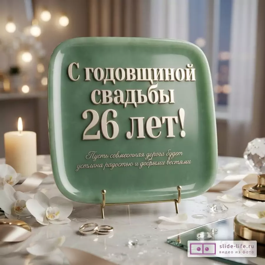 Зеленая квадратная тарелка с надписью «С годовщиной свадьбы 26 лет! Пусть совместная дорога будет устлана радостью и добрыми вестями.» на светлом праздничном столе с свечой, кольцами и цветами.