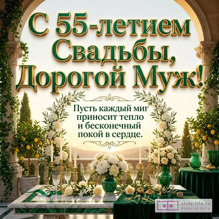 Открытка с текстом «С 55-летием Свадьбы, Дорогой Муж! Пусть каждый миг приносит тепло и бесконечный покой в сердце.» белый фон, зеленые и золотые буквы, белые цветы, свечи, бокалы, арка, лимонные деревья, стол с зеленой тканью