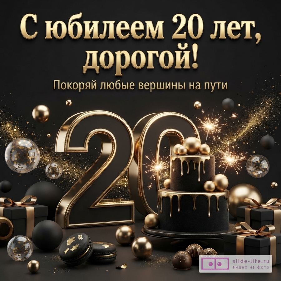 Темный фон, золотые надписи «С юбилеем 20 лет, парень!» и «Покоряй любые вершины на пути.», цифра 20, черно-золотой торт, воздушные шары и подарки.