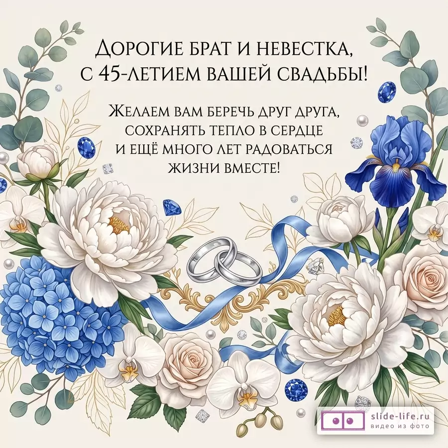 Светло-кремовый фон, белые пионы, орхидеи, голубая гортензия, синий ирис, розы, листья, синие ленты, обручальные кольца. Текст: «Дорогие брат и невестка, с 45-летием вашей свадьбы!»