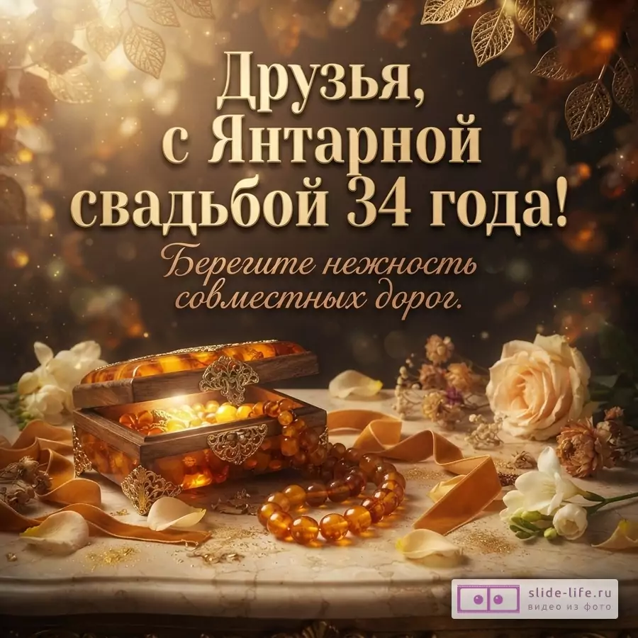 Открытка с янтарной шкатулкой, бусами и цветами на мраморном столе, фон темный с золотыми листьями. Текст: «Друзья, с Янтарной свадьбой 34 года! Берегите нежность совместных дорог.»
