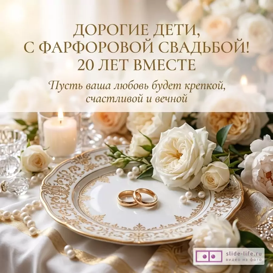 Бежево-белый размытый фон, белые розы, свеча, жемчуг, фарфоровая тарелка с золотым узором и обручальные кольца. Текст: «ДОРОГИЕ ДЕТИ, С ФАРФОРОВОЙ СВАДЬБОЙ! 20 ЛЕТ ВМЕСТЕ»