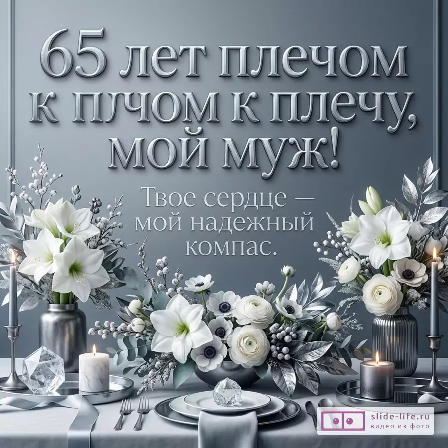Серо-голубой фон, белые цветы в вазах и композиции на столе, свечи, посуда, декоративные кристаллы, текст «65 лет плечом к плечу, мой муж! Твое сердце — мой надежный компас.»