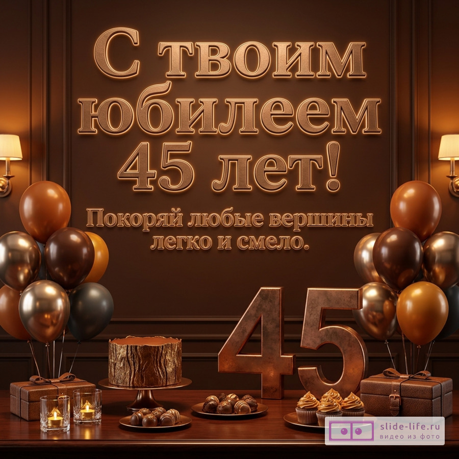 Коричневая открытка с золотыми буквами «С твоим юбилеем 45 лет! Покоряй любые вершины легко и смело.». На переднем плане цифры 45, торт, конфеты, кексы, подарки и воздушные шары.