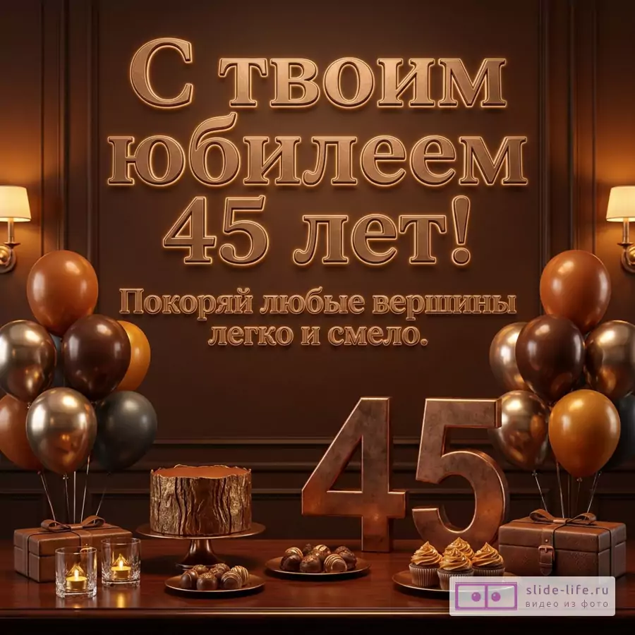Коричневая открытка с золотыми буквами «С твоим юбилеем 45 лет! Покоряй любые вершины легко и смело.». На переднем плане цифры 45, торт, конфеты, кексы, подарки и воздушные шары.