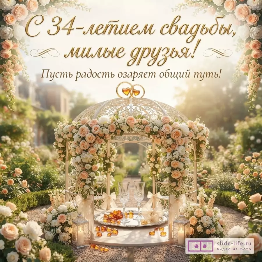 Открытка с бежевым фоном, золотистым текстом, аркой из персиковых роз, двумя бокалами и янтарными камнями. Текст: «С 34-летием свадьбы, милые друзья! Пусть радость озаряет общий путь!»