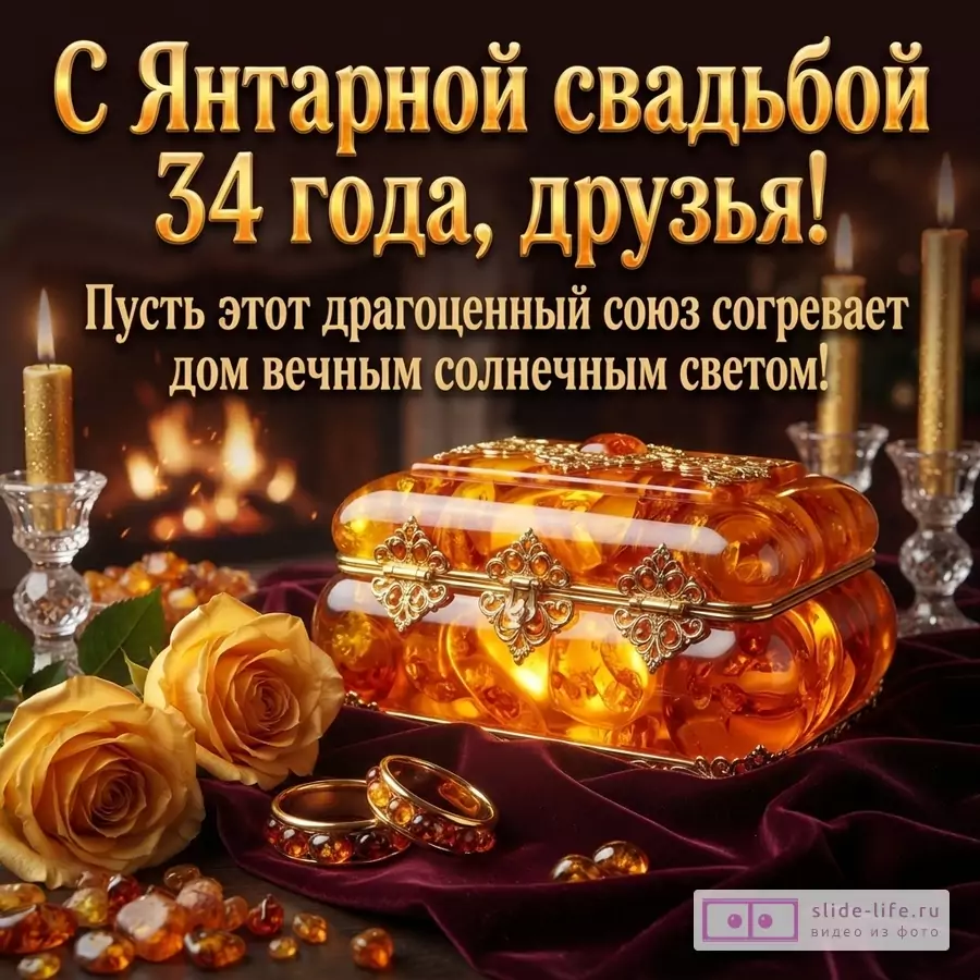 Коричневый фон, янтарная шкатулка, янтарные кольца, янтарные розы, свечи. Текст: «С Янтарной свадьбой 34 года, друзья! Пусть этот драгоценный союз согревает дом вечным солнечным светом!»