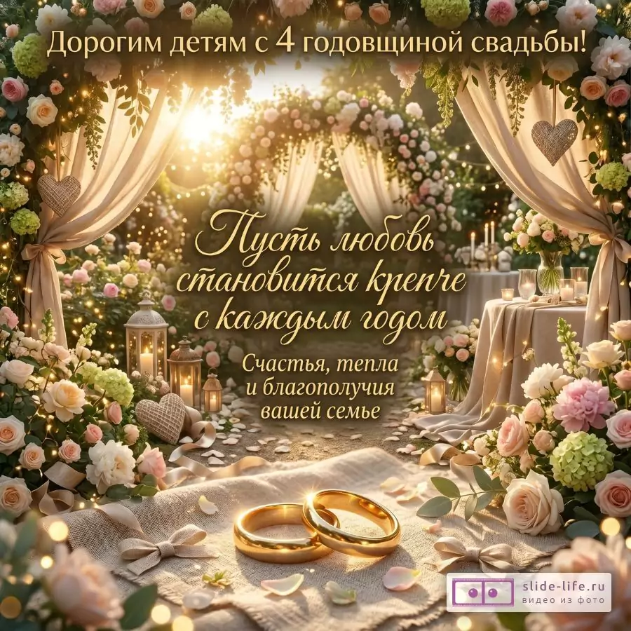 Золотисто-бежевый фон, цветы, шторы, свечи, стол, два кольца на льняной ткани. Текст: «Дорогим детям с 4 годовщиной свадьбы!», «Пусть любовь становится крепче с каждым годом», «Счастья, тепла и благополучия вашей семье»