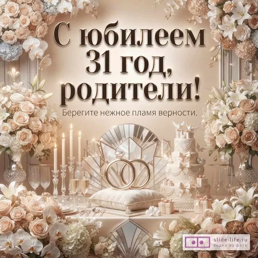Бежево-золотой фон, цветочные композиции, свечи, свадебный торт, кольца и текст «С юбилеем 31 год, родители! Берегите нежное пламя верности.»